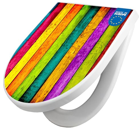 banjado WC Sitz mit Absenkautomatik D Form - Toilettendeckel mit Absenkautomatik D Form - Klodeckel Softclose - stabile Klobrille - Toilettensitz Weiß - Motiv Bunte Holzlatten