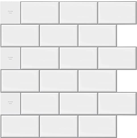 LONGKING Azulejos de despegar y pegar de 10 hojas para salpicaduras de cocina, azulejos de metro blanco brillante de 12 x 12 pulgadas con lechada gris