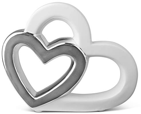 FeinKnick Stilvolles Herz zur Dekoration - Deko Figur aus Keramik in Herzform 16cm - modernes Dekoherz weiß & Silber - Keramikherz als Deco - Herzen gut als Geschenk geeignet