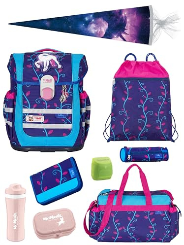 Familando - McNeill Ergo Complete Schulranzen Set - 10-teilig - Lilly Einhorn/Unicorn - Ergonomisch & 3-Fach verstellbar - 1150g leicht mit 20L Volumen & Reflektoren - Für Grundschule ab 1. Klasse