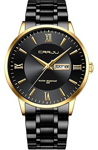 CRRJU Men's Casual Luxury Watches Minimalist Quartz Waterproof Wristwatches for Men Stainsteel Steel Band Watch (Black Gold)