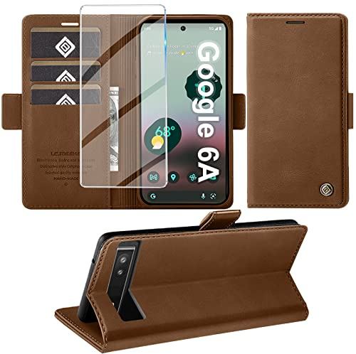 Giyer Handyhülle für Google Pixel 6A Hülle mit Schutzfolie, Pixel 6A mit Standfunktion Kartenfach Wallet Premium Leder Schutzhülle Pixel 6A 5G Flip Case Cover Stoßfeste Klapphülle (braun)