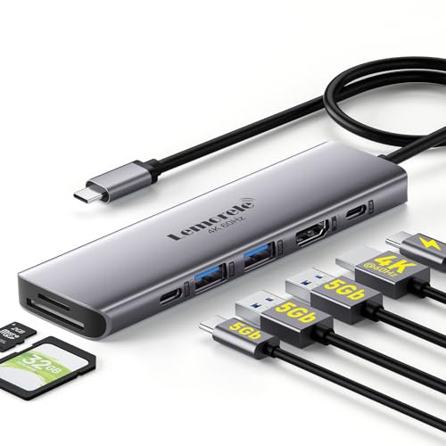USB C Hub Multiport Adapter - Lemorele 7-in-1 Type-C 4K 60Hz HDMI Dongle Docking Station, 100W PD, SD/TF 3.0 Slots, 2 USB 3.0 & USB C 3.0 5Gbps Data Ports, for MacBook, iPad, Surface, XPS, ChromeBook