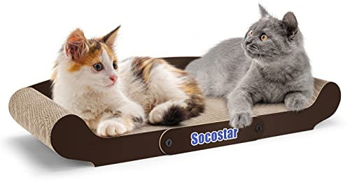 27.6'' Cardboard Cat Scratcher Bed - Extra Large Scratching Couch for Indoor Cats - Lounger Scratch Box with Cat Teaser Wand Toy and Catnip