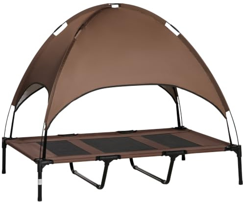 PawHut Outdoor Dog Bed Removable Canopy XL Pets 122 x 92 x 108 cm Brown | Portable Raised Dog Bed for Camping Garden & Beach, Water-Resistant UV-Protection Mesh Pet Cot Sun Lounger
