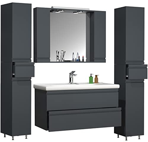 VCM 5-TLG. Waschplatz | Waschtisch Unterschrank 100 cm | Badmöbel Set mit Waschbecken Spiegelschrank Hochschrank | grifflose Schubladen | Komplettset Silora XL