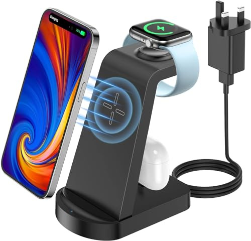 bakibo 3 in 1 Wireless Charging Station, Wireless Charger for iPhone | Wireless Charging Stand Dock for iphone 17/1615/14/13/12/11/Plus/Pro/Max, Apple Watch, AirPods 3/2/1/ (with Adapter), Black