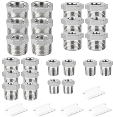 TAISHER 24PCS 304 Stainless Steel Reducer Hex Bushing Fitting Kit，Thread Pipe Adapter Fitting