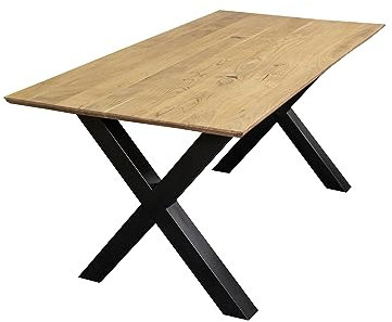 SAM Esstisch 260x100 cm Andi, Akazienholz massiv + naturfarben, Esszimmertisch mit Schweizer Kante, X-Metallgestell Schwarz, massiver Holztisch, Tischplatte 26mm