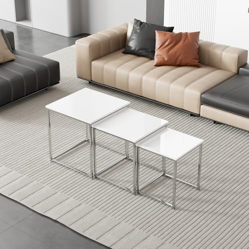 3pcs Square Sofa Side End Table for Living Room, Nesting Tables Set of 3 Small Coffee Table Nested Set, High-Gloss Tabletop, Chrome Frame (White)