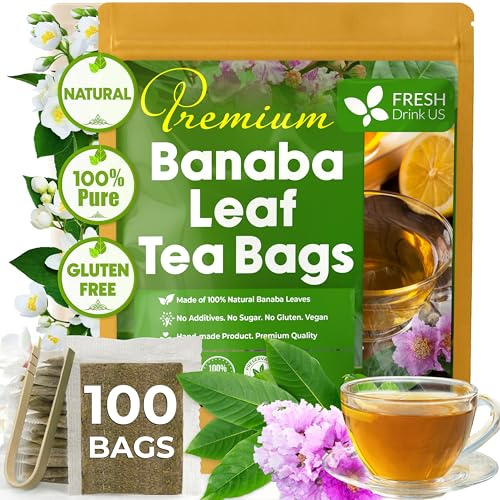 FreshDrinkUS, Premium 100 Banaba Tea Bags, 100% Natural & Pure from Banaba Leaves. Loose Leaf Banaba Herbal Tea. No Sugar, No Caffeine, No Gluten, Vegan.