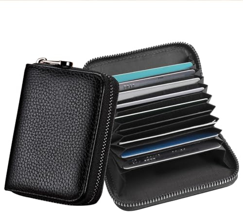 Kreditkartenetui für Damen und Herren, Kreditkartenetui Leder, Brieftasche mit Reißverschluss, Kartenetui mit Münzfach, Leder Scheckkartenetui, Kreditkartenetui, 13 Fächer, mit RFID Schutz (Schwarz)