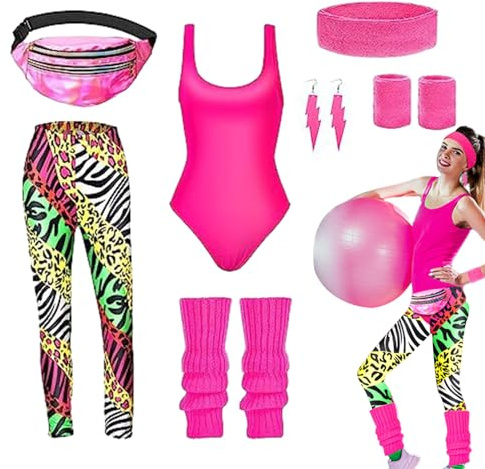 Zasdvn Conjunto de ropa de entrenamiento de los años 80, disfraces de los años 80 para mujer, disfraces con diadema, riñonera, pulsera, aretes para ropa diaria