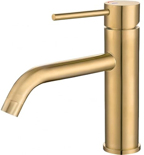VALAZ Rubinetto Bagno Lavabo Oro Opaco | Apertura a Freddo, Miscelatore Lavabo Bagno Acqua Fredda e Calda, Risparmio Acqua | Installazione Facile e Veloce | Ottone, Inossidabile, Elegante, Serie Ason