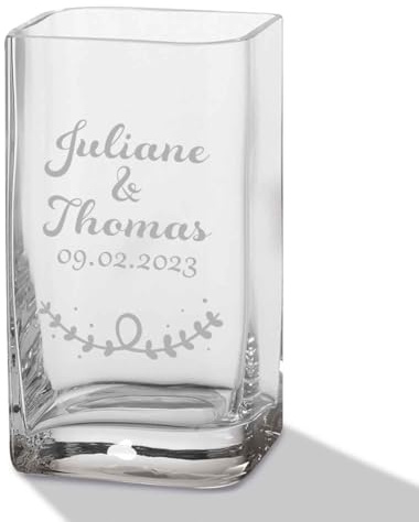 GRAVURZEILE Blumenvase mit Gravur - Wedding - Personalisiert mit Namen und Datum - Moderne Vase aus Glas für Blumen - Geschenke für Frauen - Deko Geschenkidee zum Geburtstag - 20x11cm