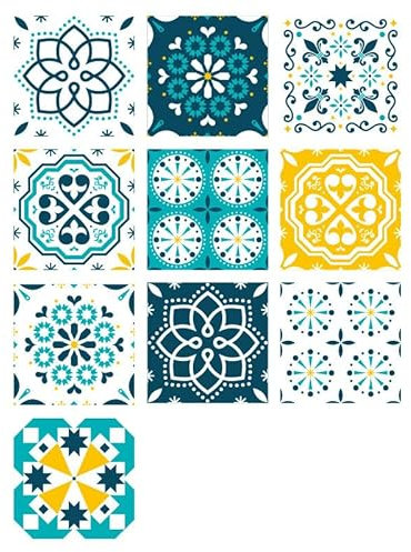 Fliesenaufkleber Blaugelbe Blume Selbstklebende Klebefliesen, Wandfliesen Aufkleber,Wasserdicht Fliesensticker Fur Kuche Badezimmer Dekorative Stickerfliesen,Wohnzimmer Dekoration15X15Cm