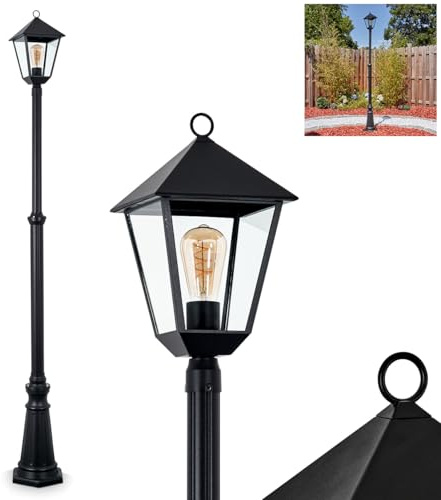 HOFSTEIN Außenwegeleuchte Anfei, Wegeleuchte aus Metall/Glas in Schwarz/Klar, Leuchte im Vintage/Antik/Landhaus-Design für Außenbereich/Garten/Terrasse, Höhe 230 cm, 1 x E27, ohne Leuchtmittel, IP44