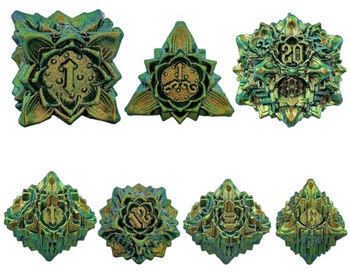Hsthe Sea Juego de 7 Dados de Metal DND con diseño de Hojas, Dados de Mazmorras y Dragones de Color Amarillo y Verde, Dados poliédricos Hechos a Mano, Juegos de rol D y D