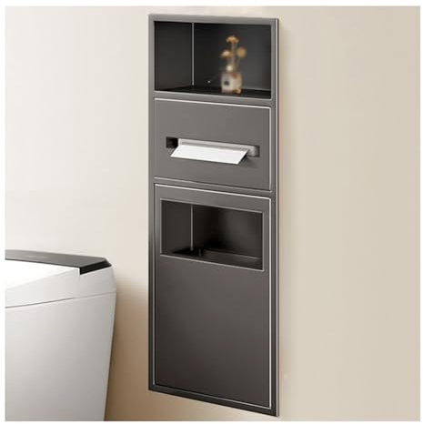 Niche de douche encastrée moderne en acier inoxydable avec poubelle et double étagères pour rangement de salle de bain - Gris - 70 x 28 x 13,5 cm - Design élégant et grand espace de rangement pour une