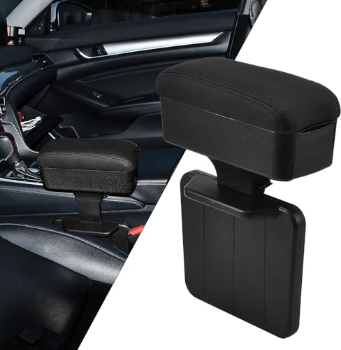 JSCARLIFE Car Armrest Storage Box, Adjustable Central Console Heightening Pad with Cup Holder, PULeather Seat Gap Organizer Elbow and Forearm Wrist Support for Most Vehicles (Black)