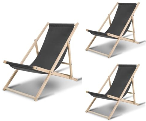 Ollewiellan 3er Set Liegestuhl Klappbar Holz Grau, Verstellbare Gartenliege bis 120kg, Wetterfeste Sonnenliege für Patio, Balkon und Strand