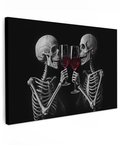 MuchoWow© Cuadros Decoracion Salon Modernos Dormitorios Cuadro Decorativos | 120x80 cm - de Lienzos Decorativo Decoración Cabecero Cama Esqueletos - Vino - Salud - Calavera - Negro