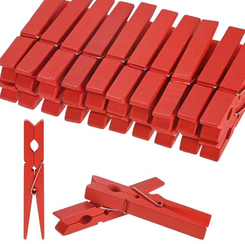 M METERXITY 50-Pack Colored Clothespins Wooden, 2.8 Inch/72mm Colorful Clothes Pins for Hanging Clothing/Crafts/Pictures, Wooden Clothespins [Red]