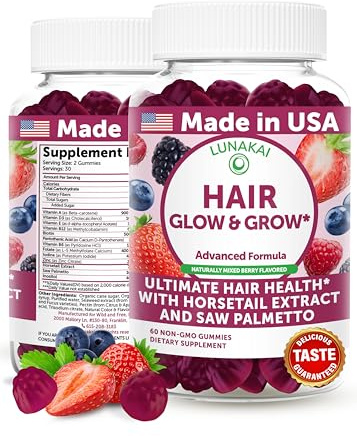 Lunakai USA Made Super Hair Gummies with Biotin, Zinc, Horsetail Extract & Saw Palmetto - Hair Growth Vitamins for Women & Men – Supports Thicker, Longer, Stronger Tresses, Skin & Nails, 60ct