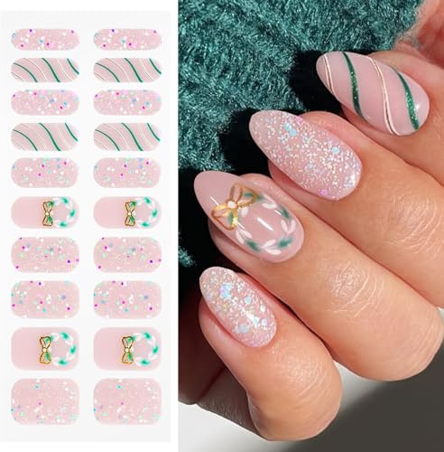 JMEOWIO Nagelfolie UV Härtend Weihnachten Glitzer French Tip UV Gel Nail Strips Nagelsticker Nagelaufkleber Nail Art Dekoration Nageldesign Zubehör