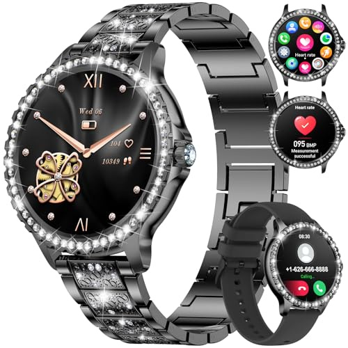 LIGE Smart Watch Women Bluetooth Phone Calls for Android iOS Fitness Tracker 1.32 HD Elegant Diamond Ladies Smartwatch Black Steel,Heart Rate/Sleep Monitor Calorie,Pedometer,100+ Sport Mode