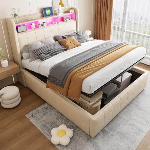 Ball & Cast Polsterbett (140x200cm) mit hydraulischem Stauraum, Doppelbett mit Beleuchtung und USB-Ladefunktion, Leinenstoff, Einfach & Zeitsparend Montierbar, Beige