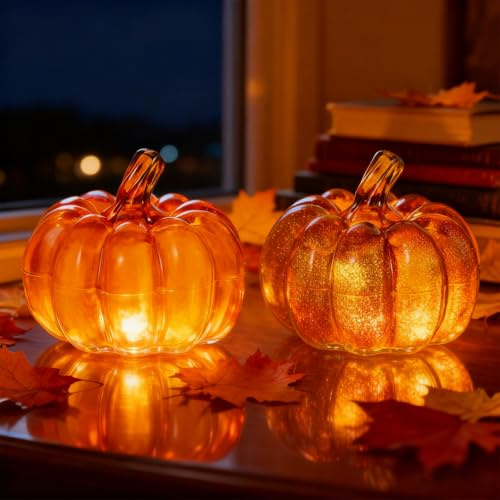 IWTBNOA Herbstdeko Kürbis Deko mit Led, 2 Stück Herbst Deko Kürbis Laterne, Halloween Kürbis Lampe, Kürbislaterne Beleuchtet Für Erntedankfest, Halloween, Tischdeko, Innen, Party