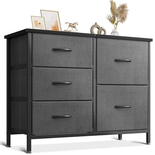 Coleshome Kommode mit 5 Stoffschubladen, Kommode mit Schubladen mit 2 Große und 3 Kleine, Holzplatte Robustem Stahlrahmen, Geeignet für Schlaf- und Wohnzimmer, 76 x 29 x 60cm, Dunkelgrau