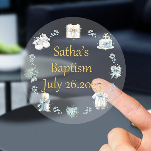 Etichette adesive personalizzate per battesimo con lamina d'oro, adesivi personalizzati per battesimo, bomboniere di compleanno e sacchetti regalo, bottiglie, barattoli, candele (trasparenti)