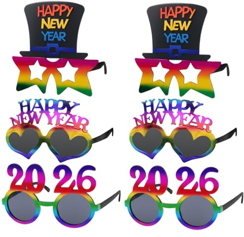 BrKern 6er Set 2026 Silvesterbrille, Partybrille für Fotobox Accessoires - Bunte Neujahrsbrille für Silvester Party Neujahr Deko, Silvester Deko 2026 Party Set