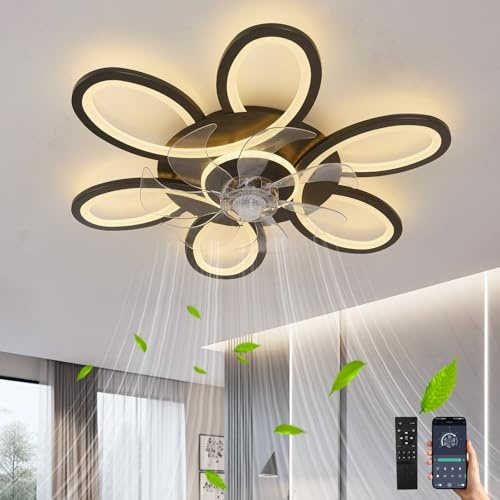 GWYAJTU Ventilateur De Plafond Silencieux Avec Lumiere Moderne Dimmable Lampe Ventilateur Plafond Réversible 6 Vitesses Lustre Ventilo Avec Télécommande APP Pour Chambres Coucher Et Salons, Noir