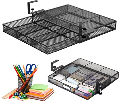 SH-RuiDu Under Desk Drawer Organizer Clamp-On, Fits Desks Up to 2.17″ Thick | No Drill Metal Slide-Out Storage for Desk, Hidden Under Desk Drawers for Office Essentials, Gaming Setup, Home Study (Black)