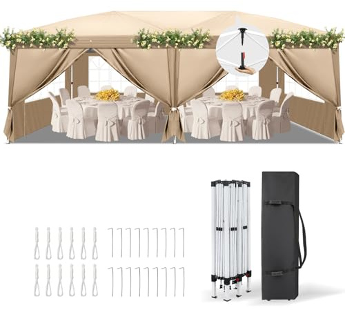 TactFire Pavillon 3x6m,One-Touch Faltpavillon,Wasserdicht,Winterfest,UV Schutz 50+,Gartenzelt,Partyzelt,mit 6 Seitenteilen,für Garten,Party,Camping.Khaki