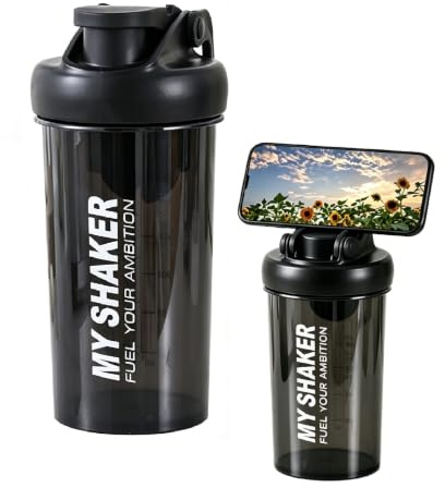 Shaker Proteinas 900ml, Vaso Mezclador Proteinas con Compartimento de Polvo y Bola Agitadora, Botella Agua Gimnasio Resistente, Sin Fugas con Asa de Transporte, Para Fitness y Deportes, Negro