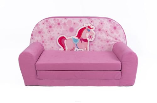 FORTISLINE Kindersofa MINI ausklappbar 78 x 40 x 45 cm - Kindercouch aus Mikrofaser mit Liegefläche 104 cm, abnehmbarem waschbarem Bezug, Oeko-TEX Standard 100, Pony