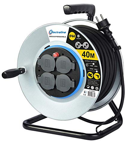 Electraline 208683 Profi-Kabeltrommel, 40 m, für Baustelle, Metall, 4 Steckdosen, IP44 mit Kabelführung, feste Platte und ergonomischer Griff