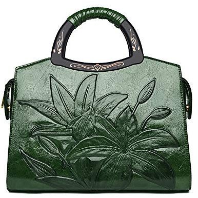 Coolives Borsa a mano con Tracolla da Donna Goffratura di Classica di Fiori Brose a spalla con Manico in Legno Verde
