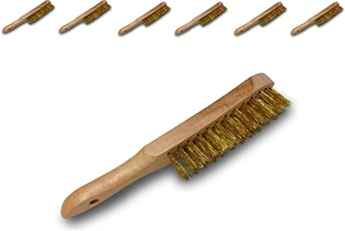 Brosse métallique à main professionnelle type soudeur | Lot de 6 | 4 rangs fils souples | Acier rond laitonné | Manche bois | Sortie du fil 30 mm | 29 * 3,5 cm | Kibros 7424x6