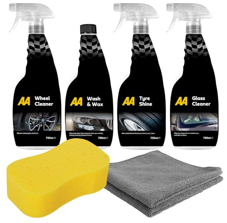 AA Car Essentials cleaning kit 4 x 750ml includes large Jumbo Sponge, 2 x Microfibre cloths, Wash Wax Shampoo, Alloy wheel cleaner, Tyreshine and Glass cleaner