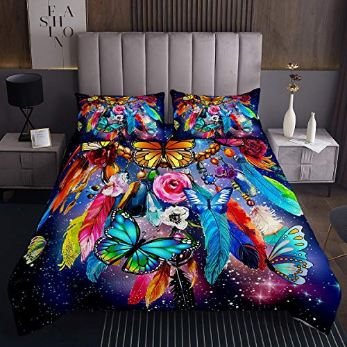 Colcha Bohemia de atrapasueños Conde Mariposa, Colcha Acolchada Mujeres y niñas Galaxy Universo Juego de edredón Colorido Espacio Exterior de Plumas Acolchada colección de Dormitorio 3 Piezas Dobles