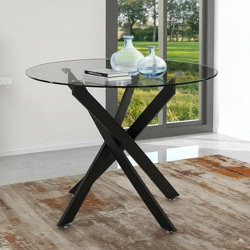 GOLDFAN Esstisch Rund Glas Moderner Küchentisch Design Glastisch Esszimmertische für Esszimmer Wohnzimmer 4-6 Personen, 90cm, Schwarz