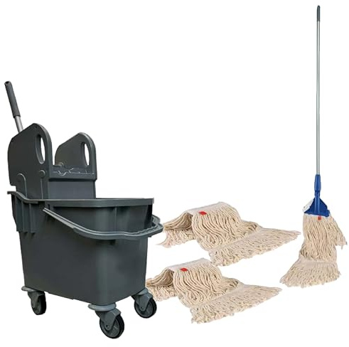 Complete 25l Mop and Bucket Set by Bayersan- Full Floor Cleaning Bucket & Cleaning Bundle Kit For Household & Commercial Use - 3 X Squeeze Mop Heads (Grey)
