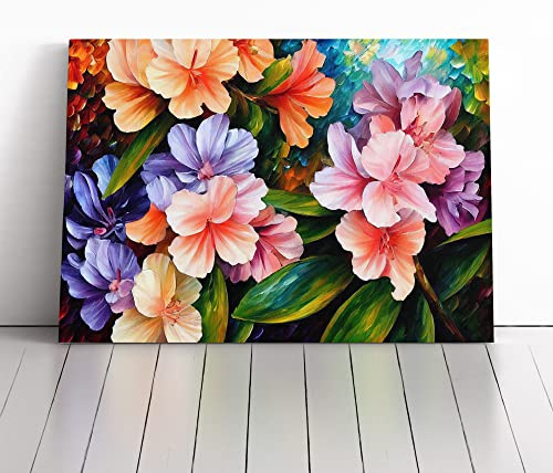 Rhododendron Flower Vol.1 Abstract Black, Blue, Green | Canvas Wall Art Print | Framed & Ready to Hang Picture | Modern Home Decor for Living Room, Bedroom, Kitchen or Office | 30x20 Inches