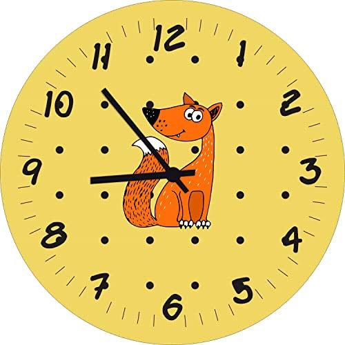 Shirtinstyle Kinderzimmeruhr mit Tiermotiv Fuchs Geschenk Uhr Kinder Handmade Wanduhr Wunschtext Name, 20cm, Farbe Softgelb