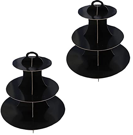 ANMEISH 2 Pack 3 Tier Cardboard Cake Stand, Three Tiered Paper Afternoon Tea Stands color Disposable Cupcake Holder Round Dessert Stands for Party Wedding Birthday Baby Shower Anniversary (Black)